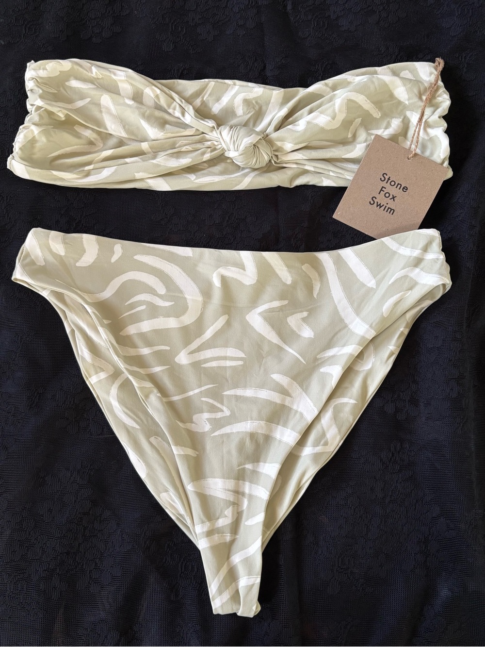 Stone Fox Swim Olive & White Knot Bandeau Bikini Aloe Lines XL